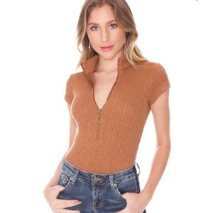 Fletch Brown Zip Up Ribbed Bodysuit